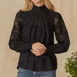 Sundance Dorina Lace Top Black Mock Neck Smocking Long Sleeve XL